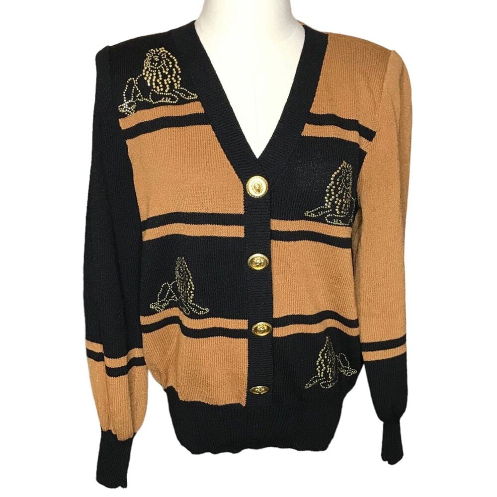Toula-Size 8 Vintage Striped Knit V Neck Sweater-Golden Lions- USA